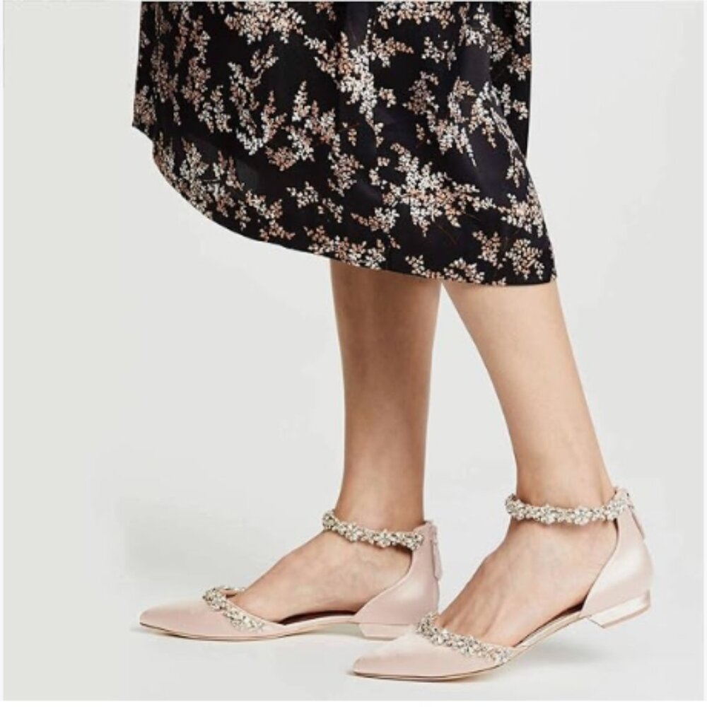 FOWT Pink Satin Crystal Strap Back Zipper D'Orsay White Flats for Women Shoes